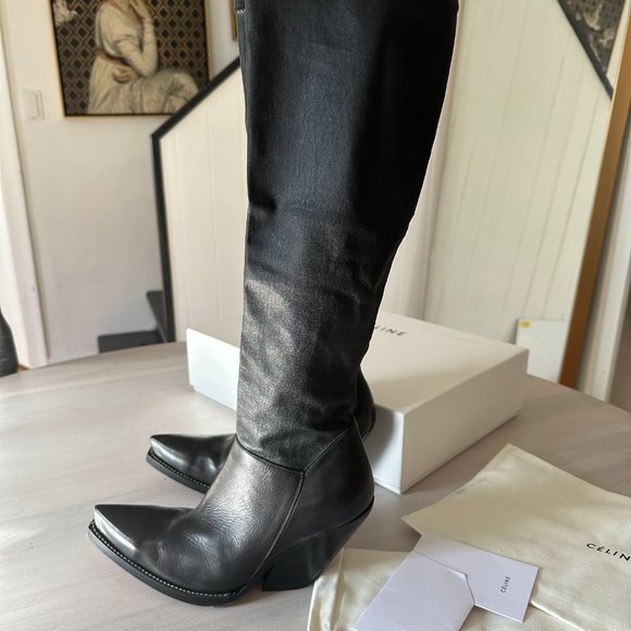 Celine Size 37.5 High Leather Black Boots | Pointed Toe | Cowboy Style - Picture 10 of 11